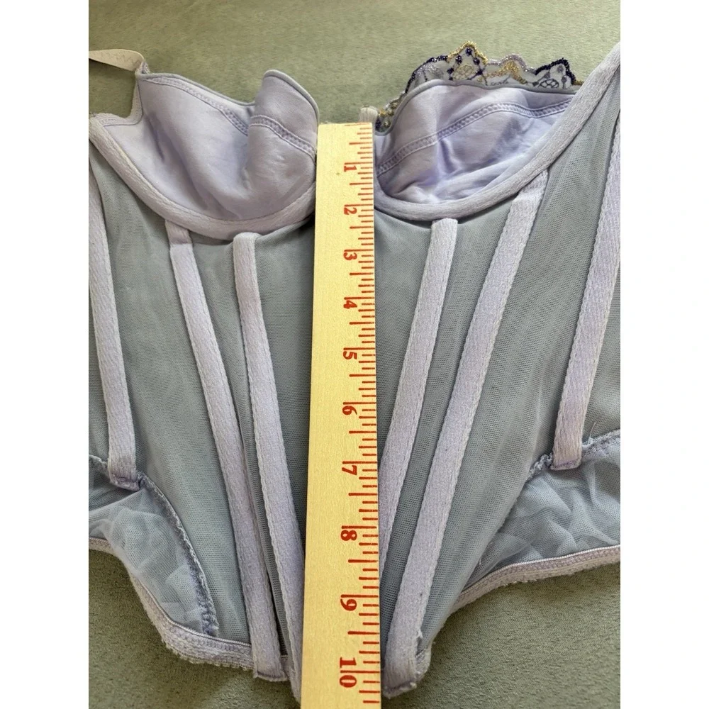 Y2K Lavender Lace Fairy Basque Waist Bustier Corset Sz 34B Sheer Mesh Romantic‎